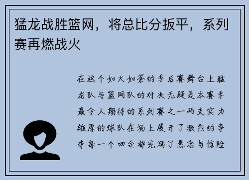 猛龙战胜篮网，将总比分扳平，系列赛再燃战火