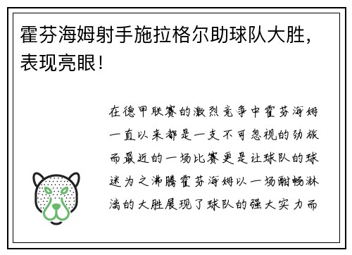霍芬海姆射手施拉格尔助球队大胜，表现亮眼！
